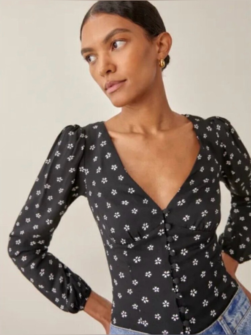 Reformation Nell Top in Black and White Floral